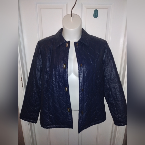Vintage Chadwicks 💙 Blue Leather Quilted Jacket Coat Sz L - Picture 5 of 9